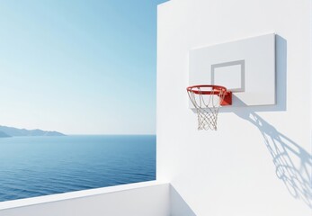 Naklejka premium Basketball Hoop on White Wall with Ocean View