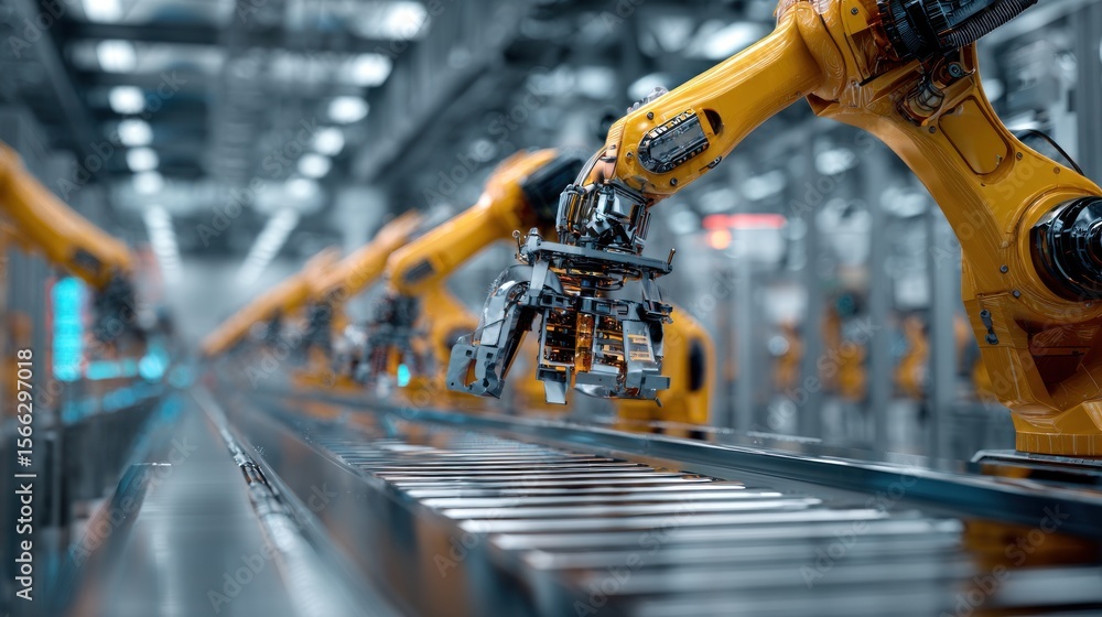 Poster robotic arms on automated assembly line industrial automation and technology