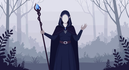 Faceless Elf Mage with Crystal Staff in Misty Forest Illustration.