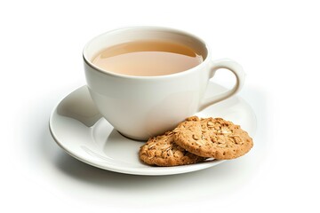 detailed visual  of Tea with milk and biscuits, isolated on white background