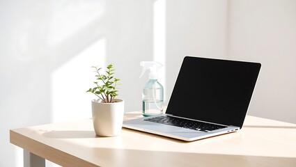 Fototapeta premium Minimalist Home Office with Green Plant and Laptop
