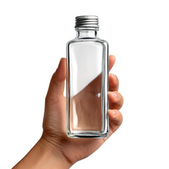Clear Glass Bottle Handheld isolated on a transparent background