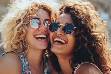 Two cheerful female friends wearing sunglasses are enjoying a sunny day outdoors, laughing and having fun together