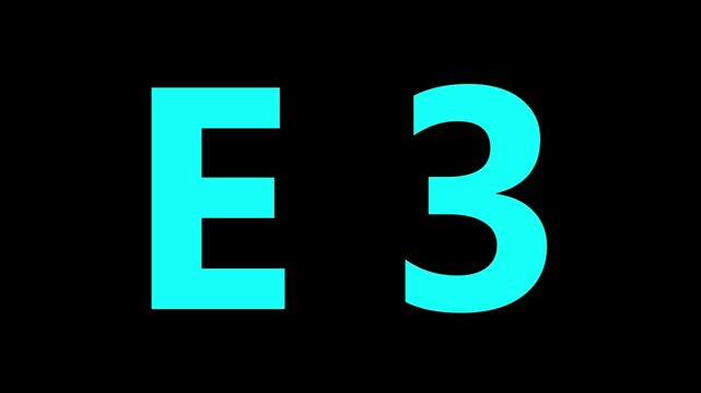 Glowing neon letter E 3 , glowing neon font, E 3 alphabet symbol . Seamless looping alphabet animation on black background.