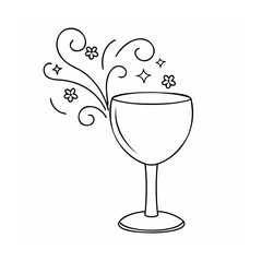 Handdrawn wine glass with floral star elements in outline on a stemware drink