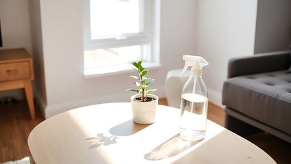 Small Indoor Plant on Coffee Table with Spray Bottle