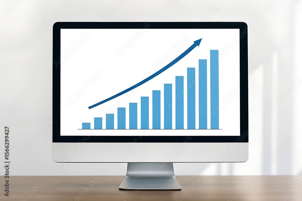 Poster blue bar graph with upward arrow on monitor – data analysis and business growth concept