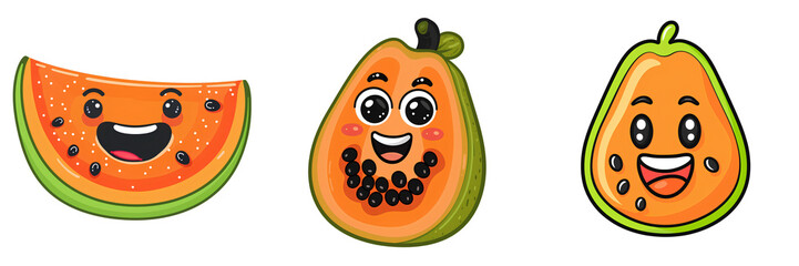 Set of cute cartoon papaya and watermelon slices with smiling faces, isolated on transparent background

