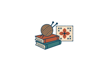 Knitting and Crochet Book with Craft Supplies logo vector Editable design 