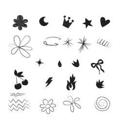 Crayon pencil vector set. lines and shapes with brush texture. Doodle paint background with chalk hand drawn elements. Sketch kid scribble, abstract children bg. Crayon shape, heart, flower, fire