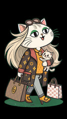 Cute cartoon huge cat is wearing fashion clothes and holding a cat