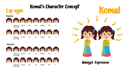 Indian girl cartoon character sprite sheet animation lip sync viseme mouth shapes annoyed lehenga choli child