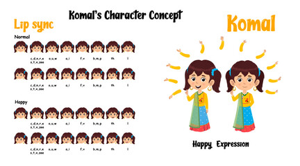 Indian girl cartoon character sprite sheet animation lip sync viseme mouth shapes tired lehenga choli child happy expression