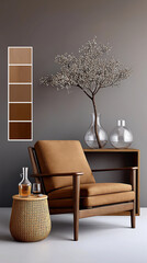 Modern Lounge Interior with Color Palette, Wooden lounge chair with tan cushions beside a round side table and glass decanters. Neutral wall with color palette and decorative tree. Mid-century modern