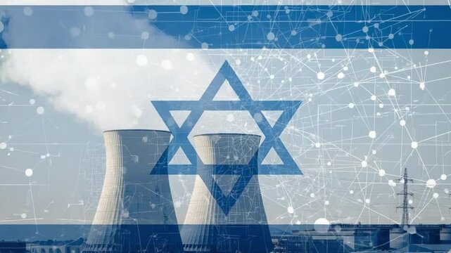 Israel Flag Overlay with Nuclear Reactor and Digital Grid