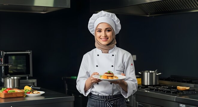 Smiling Female Muslim Chef Presenting Delicious Dish in Modern Kitchen