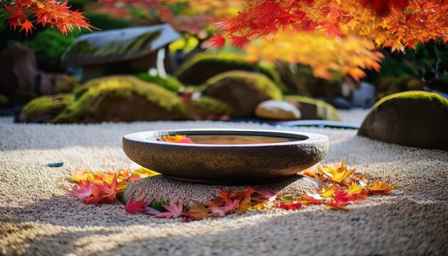 Ein ruhiger Zen-Garten zeigt ein schlichtes Wassersch&auml;lchen aus Stein