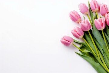 Fototapeta premium Pink tulips are lying on a white background, creating a diagonal composition with copy space