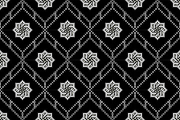 Elegant seamless pixel art pattern,ethnic floral motifs in black, white, and gray, accented with subtle hints of light yellow. Ideal for textiles, fashion, digital backgrounds, cultural,sophisticated