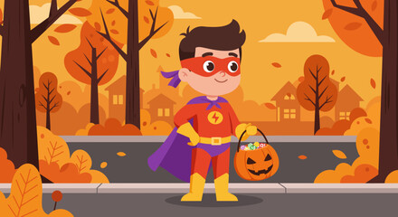 Superhero Kid Trick-or-Treating on Halloween Autumnal Scene Pumpkin Basket.