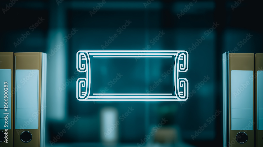 Poster digital blueprint on workspace: a striking neon blueprint icon hovers above an organized workspace, 