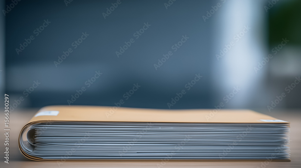 Poster stack of paper: an eye-level, intimate composition captures a detailed stack of documents, files or 