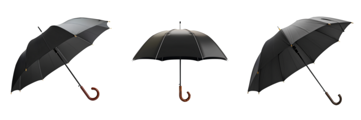 Set of elegant black umbrellas with curved wooden handles, isolated on transparent background

