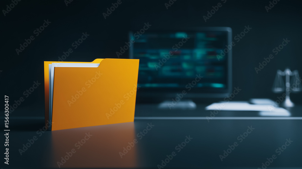 Poster cybersecurity data folder: a yellow folder sits prominently on a dark desk, symbolizing data securit
