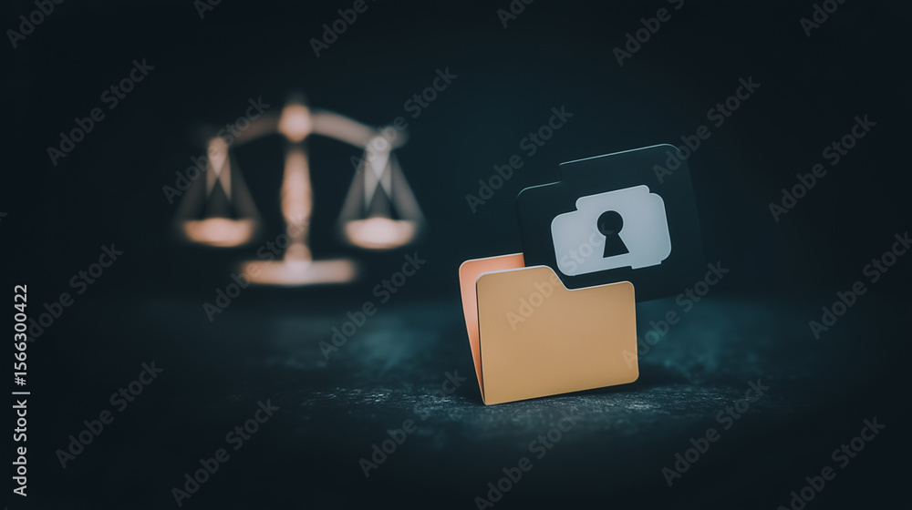 Poster justice and data security: balance of justice scale next to the file folder represent information se