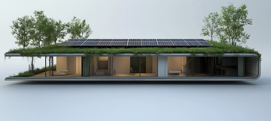 A modern eco-friendly house featuring lush green surroundings and sleek contemporary architectural design