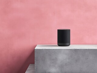 A black smart speaker sits on a stone table, with a pink wall in the background, creating a minimalist scene.