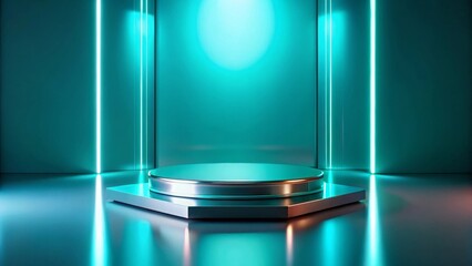 Modern Turquoise Neon Stage with Metallic Podium for Product Display