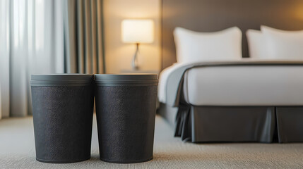 A stylish hotel room features two black textured waste bins on carpet with a bed, soft lighting, and curtains in the background.