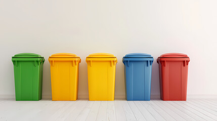 Five colorful recycling bins in green, yellow, blue, and red are lined up against a white wall on a wooden floor, symbolizing waste segregation and environmental care.