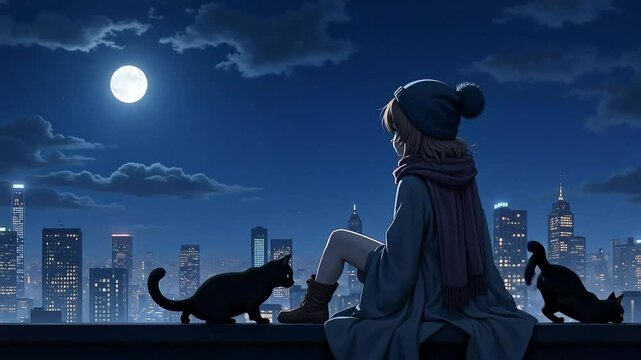 Anime-style lofi animation of nighttime city view with person and two cats on rooftop ledge, peaceful ambient 4K loop