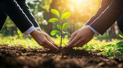 Two business partners planting a tree together in a park, representing sustainable growth and eco-friendly business values. Suitable for green economy, CSR, and environmental responsibility themes.