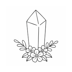 Outline crystal with flowers leaves on handdrawn gemstone leaf