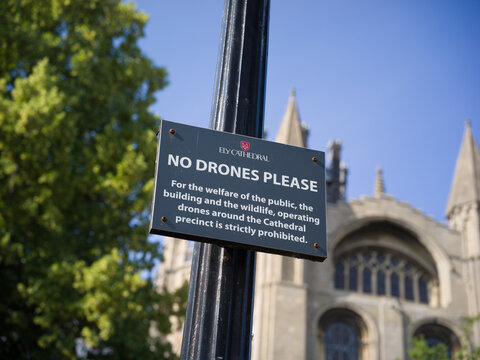 Ely, England, United Kingdom, 24th June 2025, Ely Cathedral no drones sign