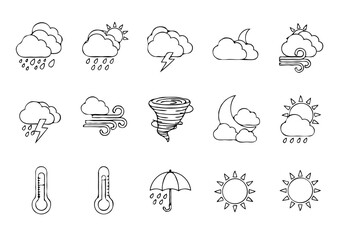Collection of hand drawn weather icons including rain clouds sun lightning and tornado
