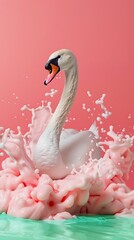 Surreal swan emerging from vibrant pink and mint-colored liquid splashes