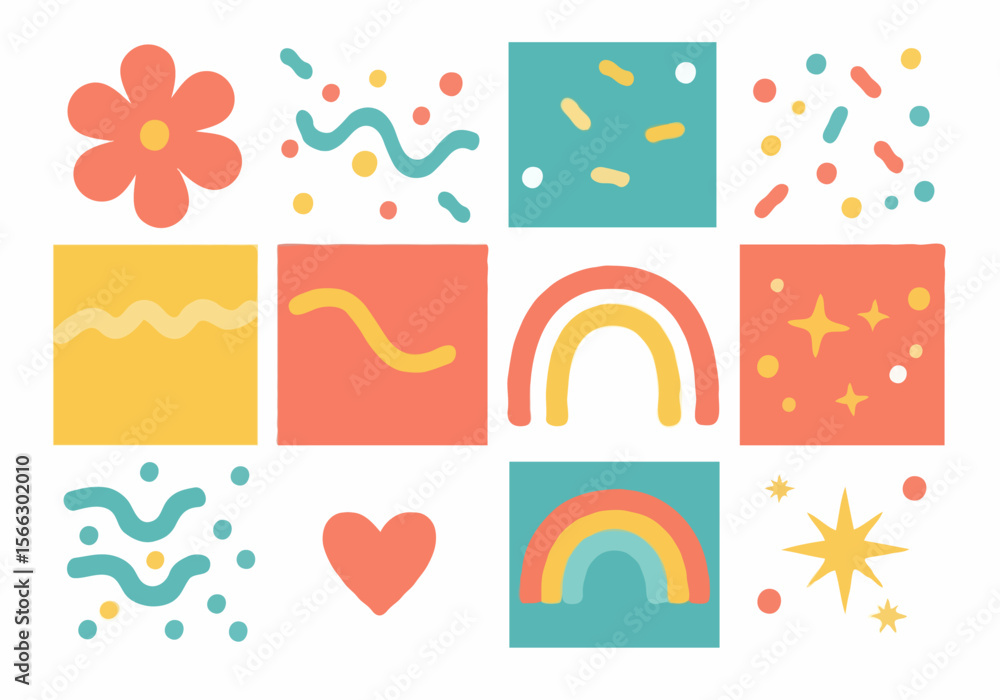 Poster collection of cheerful colorful abstract shapes and icons in a grid layout