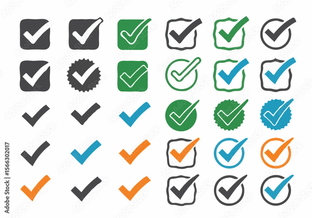 Poster collection of various check mark icons in different shapes and colors