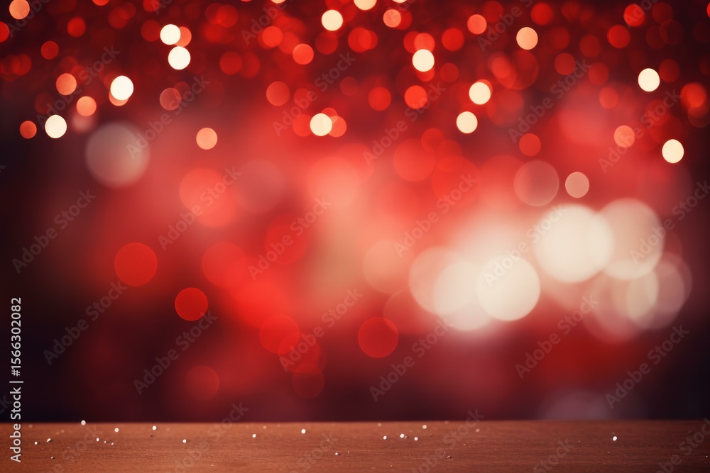 Poster red bokeh lights creating festive christmas background with empty table and copy space