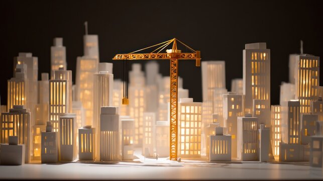 Golden crane over illuminated city model urban development concept