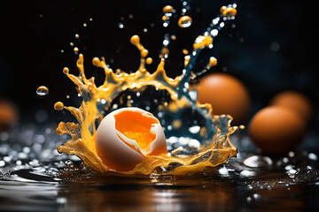 Broken Egg in Glass with Golden Yolk on Black Background