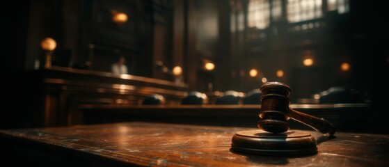 Obraz premium Wooden gavel on judges bench in courtroom justice concept