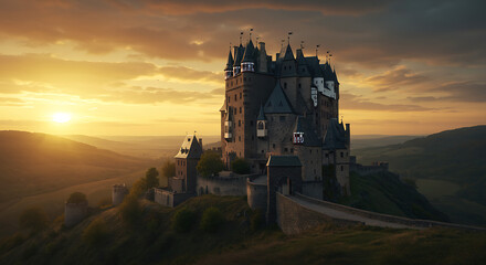 Obraz premium Majestic Medieval Castle at Sunset A Timeless Fortress in a Breathtaking Landscape with Rolling Hills