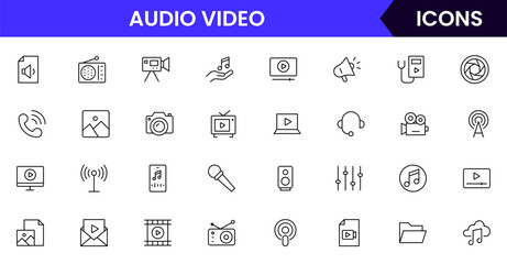 Modern vector line icons representing media tools, cameras, microphones, play buttons, and screens, perfect for digital content and broadcasting platforms.