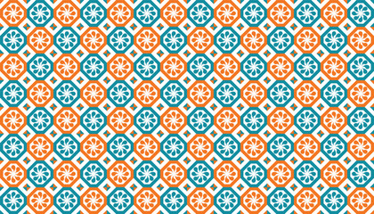 Seamless repeating pattern of ornate geometric medallions in bright orange and turquoise blue on a white background, creating a vibrant and symmetrical tile effect