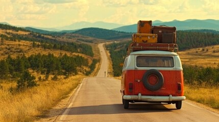 Journey Begins: retro Automobile with Stacked Suitcases